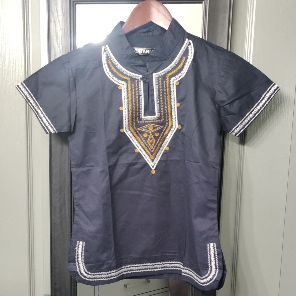 Boys Tribal Print Navy Blue, White And Gold Embroidered Kids Short Sleeve Shirt